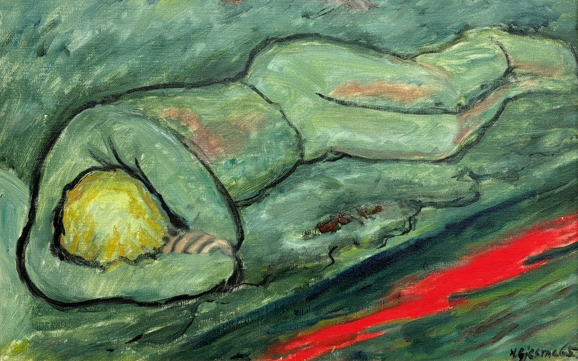 Fargemåleri i forstyrrande grønfarge av person som ligg på benk med armane rundt hovudet i depresjon